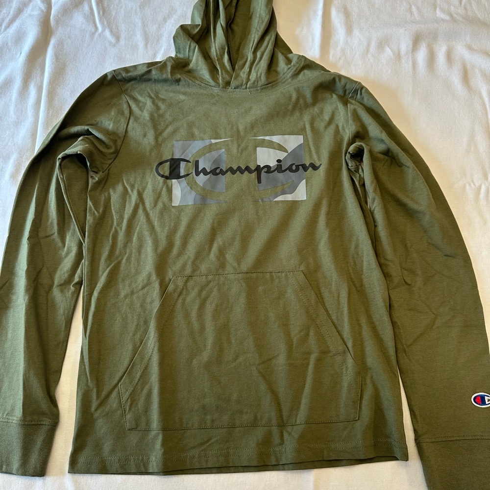 Boys Long Sleeve Champion Pullover Hoodie Olive Green Logo - Boys Size Large
